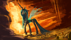 Size: 1920x1080 | Tagged: safe, artist:plainoasis, queen chrysalis, changeling, changeling queen, cave, changelings in the comments, female, hourglass, looking back, sand, smiling, solo