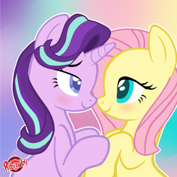 Size: 1280x1280 | Tagged: safe, artist:ribiruby, fluttershy, starlight glimmer, pegasus, pony, unicorn, blushing, colored pupils, female, glimmershy, lesbian, looking at each other, mare, shipping, smiling