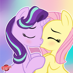 Size: 1280x1280 | Tagged: safe, alternate version, artist:ribiruby, fluttershy, starlight glimmer, pegasus, pony, unicorn, blushing, eyes closed, female, glimmershy, kissing, lesbian, mare, shipping