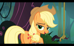 Size: 1024x640 | Tagged: safe, screencap, applejack, earth pony, pony, spike at your service, female, lidded eyes, mare, youtube caption