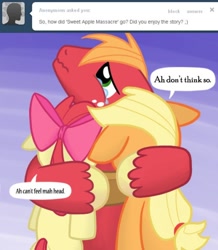 Size: 500x574 | Tagged: safe, artist:redhotkick, apple bloom, applejack, big macintosh, earth pony, pony, fanfic:sweet apple massacre, ask big red macintosh, crying, fanfic, fanfic art, hug, male, reaction, reaction to own portrayal, stallion