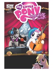 Size: 1360x1836 | Tagged: safe, artist:amy mebberson, idw, derpy hooves, dj pon-3, octavia melody, vinyl scratch, earth pony, pegasus, pony, accessory swap, cello, comic cover, cover, female, headphones, mare, musical instrument, record, turntable