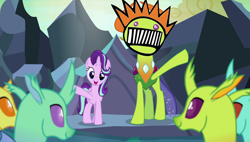 Size: 1098x623 | Tagged: safe, edit, edited screencap, screencap, starlight glimmer, thorax, changedling, changeling, pony, unicorn, celestial advice, boognish, king thorax, ween