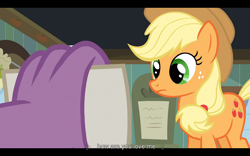 Size: 1024x640 | Tagged: safe, screencap, applejack, spike, dragon, earth pony, pony, spike at your service, applespike, female, male, mare, shipping, straight, youtube caption