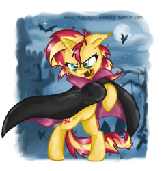 Size: 719x740 | Tagged: safe, artist:vago-xd, part of a set, sunset shimmer, bat, pony, undead, vampire, vampony, blood, cape, castle, clothes, graveyard, nightmare night, noose, solo, vampirism