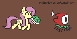 Size: 250x128 | Tagged: safe, artist:pix3m, fluttershy, pegasus, pony, 30 minute art challenge, animated, crossover, koopa shell, pixel art, shy guy, spear, spear guy, sprite, super mario bros., weapon