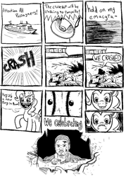 Size: 733x1024 | Tagged: artist needed, safe, pinkie pie, earth pony, human, pony, black and white, comic, cruise ship, dialogue, female, mare, onomatopoeia, open mouth, simple background, smiling, speech bubble, white background