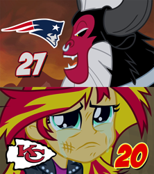 Size: 960x1080 | Tagged: safe, artist:dashiemlpfim, lord tirek, sunset shimmer, equestria girls, afc divisional round, american football, kansas city chiefs, new england patriots, nfl, nfl divisional round, nfl playoffs