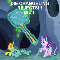 Size: 553x553 | Tagged: safe, edit, edited screencap, screencap, clypeus, starlight glimmer, changedling, changeling, pony, unicorn, celestial advice, >:d, abuse, animated, disguise, disguised changeling, evil grin, fake starlight glimmer, female, flyswatter, gif, grin, loop, magic, mare, pure unfiltered evil, smiling, swatting, telekinesis