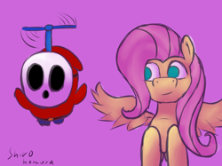 Size: 1280x957 | Tagged: safe, artist:shirohomura, fluttershy, pegasus, pony, 30 minute art challenge, crossover, fly guy, flying, propeller, shy guy, super mario bros.