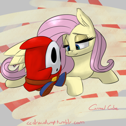 Size: 1000x1000 | Tagged: safe, artist:carmelcube, fluttershy, pegasus, pony, 30 minute art challenge, bedroom eyes, crack shipping, crossover, crossover shipping, fluttershyguy, nintendo, shipping, shy guy, super mario bros., super mario bros. 2