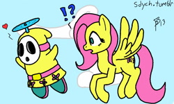 Size: 800x480 | Tagged: safe, artist:sdych, fluttershy, pegasus, pony, 30 minute art challenge, crossover, cutie mark, fly guy, flying, propeller, shy guy, super mario bros., yellow, yoshi's island