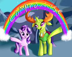 Size: 2500x2000 | Tagged: safe, artist:katakiuchi4u, starlight glimmer, thorax, changedling, changeling, pony, unicorn, celestial advice, compromise, duo, high res, king thorax, rainbow, scene interpretation