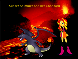 Size: 1024x768 | Tagged: safe, sunset shimmer, equestria girls, charizard, crossover, pokémon, shiny pokémon, volcano