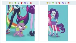 Size: 826x468 | Tagged: safe, derpibooru import, edit, screencap, rainbow dash, rarity, sci-twi, spike, spike the regular dog, twilight sparkle, dog, better together, equestria girls, converse, derpibooru, geode of shielding, juxtaposition, magical geodes, meta, shoes, smiling