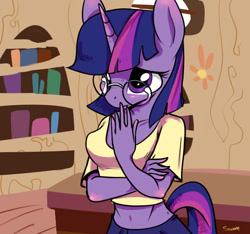 Size: 640x600 | Tagged: safe, artist:swomswom, derpibooru import, twilight sparkle, anthro, adorkable, belly button, cute, dork, glasses, golden oaks library, library, midriff, solo