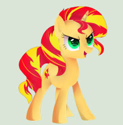 Size: 420x426 | Tagged: safe, artist:twilight7070, sunset shimmer, pony, unicorn, backwards cutie mark, colored pupils, gray background, open mouth, simple background, smiling, solo