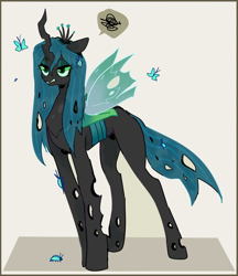 Size: 1280x1481 | Tagged: safe, artist:catment, queen chrysalis, beetle, butterfly, changeling, changeling queen, pony, annoyed, female, solo