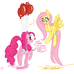 Size: 600x600 | Tagged: safe, artist:elslowmo, artist:xieril, fluttershy, pinkie pie, pegasus, pony, balloon, colored, dialogue, duo, floating, flying, then watch her balloons lift her up to the sky