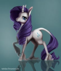 Size: 900x1042 | Tagged: safe, artist:aphelps, rarity, classical unicorn, pony, unicorn, leonine tail, reflection, solo