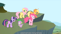 Size: 854x471 | Tagged: safe, derpibooru import, screencap, applejack, fluttershy, pinkie pie, spike, twilight sparkle, dragon, earth pony, pegasus, pony, feeling pinkie keen, froggy bottom bog, youtube caption