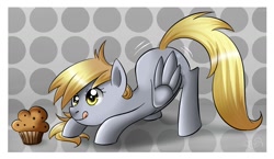 Size: 1190x689 | Tagged: safe, artist:princesssilverglow, derpy hooves, pegasus, pony, female, mare, muffin, solo, that pony sure does love muffins