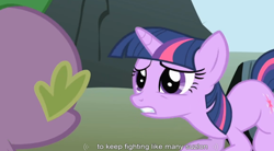 Size: 854x471 | Tagged: safe, derpibooru import, screencap, spike, twilight sparkle, dragon, feeling pinkie keen, youtube caption