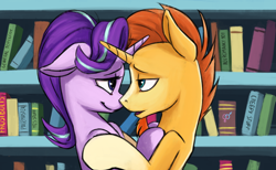 Size: 2000x1235 | Tagged: safe, artist:vistamage, starlight glimmer, sunburst, pony, unicorn, celestial advice, book, bookshelf, female, horns are touching, lidded eyes, looking at each other, male, mare, missing accessory, shipping, stallion, starburst, straight