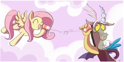 Size: 1200x600 | Tagged: safe, artist:keterok, discord, fluttershy, pegasus, pony, cute, discute, yay