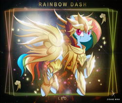 Size: 3840x3232 | Tagged: safe, artist:zidanemina, derpibooru import, rainbow dash, pegasus, pony, armor, crossover, female, leo, mare, multicolored hair, raised hoof, saint seiya, solo, zodiac