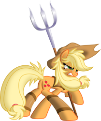 Size: 2988x3581 | Tagged: safe, artist:ratchethun, applejack, earth pony, pony, lidded eyes, simple background, solo, transparent background, trident, weapon