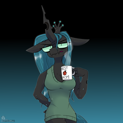 Size: 5120x5120 | Tagged: safe, artist:difis, artist:dumbf, queen chrysalis, anthro, changeling, changeling queen, ladybug, beauty mark, breasts, changelings in the comments, cleavage, crown, female, floppy ears, gradient background, jewelry, mommy chrissy, mug, regalia, sleeveless, solo