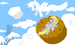 Size: 801x481 | Tagged: safe, artist:shutterflye, derpy hooves, pegasus, pony, cloud, cloudy, female, mare, muffin, solo