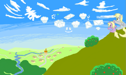 Size: 801x481 | Tagged: safe, artist:shutterflye, derpy hooves, dinky hooves, pegasus, pony, cloud, cloudy, female, imagination, mail, mare, muffin, ponyville, scenery, sky