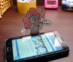Size: 768x658 | Tagged: safe, artist:danadyu, pinkie pie, earth pony, pony, cellphone, jumped-out-pinkieanswers, paper child, phone, photo, speech bubble