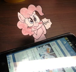 Size: 774x730 | Tagged: safe, artist:danadyu, pinkie pie, earth pony, pony, cellphone, jumped-out-pinkieanswers, paper child, phone, photo
