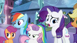 Size: 1920x1080 | Tagged: safe, derpibooru import, screencap, applejack, rainbow dash, rarity, scootaloo, sweetie belle, earth pony, pegasus, pony, unicorn, equestria games (episode), hub logo, lidded eyes, out of context