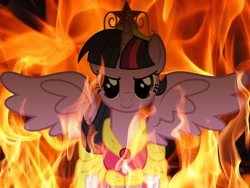 Size: 896x672 | Tagged: safe, derpibooru import, twilight sparkle, twilight sparkle (alicorn), alicorn, pony, alicorn drama, big crown thingy, female, fire, mare, tyrant sparkle