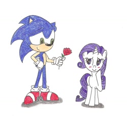 Size: 1494x1415 | Tagged: safe, artist:shadow051, rarity, pony, unicorn, blushing, crossover, crossover shipping, interspecies, love, rarisonic, rose, shipping, sonic the hedgehog, sonic the hedgehog (series), traditional art