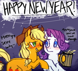 Size: 640x580 | Tagged: safe, artist:xarakayx, applejack, rarity, earth pony, pony, unicorn, blushing, drunk, drunk aj, female, lesbian, new year, rarijack, shipping