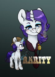 Size: 1000x1400 | Tagged: safe, artist:neuropone, rarity, pony, unicorn, cigarette, cigarette holder, glasses, hat, magic, necktie, pickaxe, smoking, telekinesis