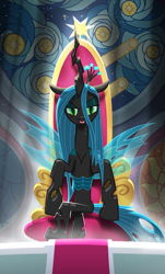 Size: 1077x1787 | Tagged: safe, part of a series, part of a set, queen chrysalis, changeling, changeling queen, pony, season 9, the beginning of the end, crossed legs, female, instagram, looking at you, s9 throne series, smiley face, smiling, solo, teaser, throne, throne room