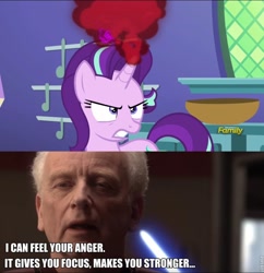 Size: 782x808 | Tagged: safe, edit, edited screencap, screencap, starlight glimmer, pony, all bottled up, anger magic, darth sidious, discovery family logo, emperor palpatine, image macro, magic, meme, star wars, text