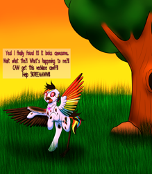 Size: 5080x5800 | Tagged: safe, artist:marsh-mal-oh, derpibooru import, rainbow dash, bird, pegasus, pony, raven (bird), absurd resolution, bipedal, caw, cloven hooves, colored wings, cursed, female, frown, grass, grass field, jewelry, mare, necklace, open mouth, rearing, speech change, spread wings, sunset, transformation, tree, wide eyes, wings