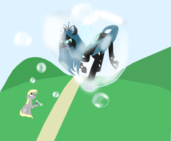 Size: 6160x5112 | Tagged: safe, artist:mr100dragon100, derpy hooves, queen chrysalis, changeling, changeling queen, pegasus, pony, bubble, fangs, female, floating, open mouth, slit eyes, this will not end well, trapped