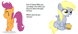 Size: 576x250 | Tagged: safe, derpy hooves, scootaloo, bronybait, cute, cutealoo, derpybuse, derpygate, dilemma, glue factory, implied death, muffin, sadistic choice, scootabuse, text