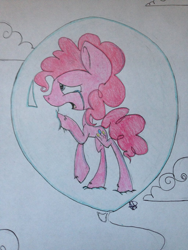 Size: 1024x1365 | Tagged: safe, artist:papermonster2000, pinkie pie, earth pony, pony, balloon, crying, pinkie pie trapped in a balloon, sad, solo, then watch her balloons lift her up to the sky, traditional art