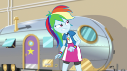 Size: 1280x718 | Tagged: safe, derpibooru import, screencap, rainbow dash, equestria girls, movie magic, spoiler:eqg specials, chase, clothes, compression shorts, door, female, geode of super speed, magical geodes, skirt, solo, trailer, window, wristband