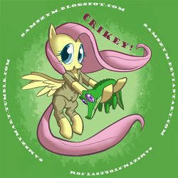 Size: 600x600 | Tagged: safe, artist:samszym, fluttershy, gummy, alligator, pegasus, pony, clothes, crikey, female, flying, hoof hold, male, mare, pants, shirt, shorts, smiling, steve irwin