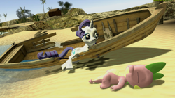 Size: 1366x768 | Tagged: safe, artist:flare-chaser, rarity, spike, dragon, pony, unicorn, 3d, beach, gmod